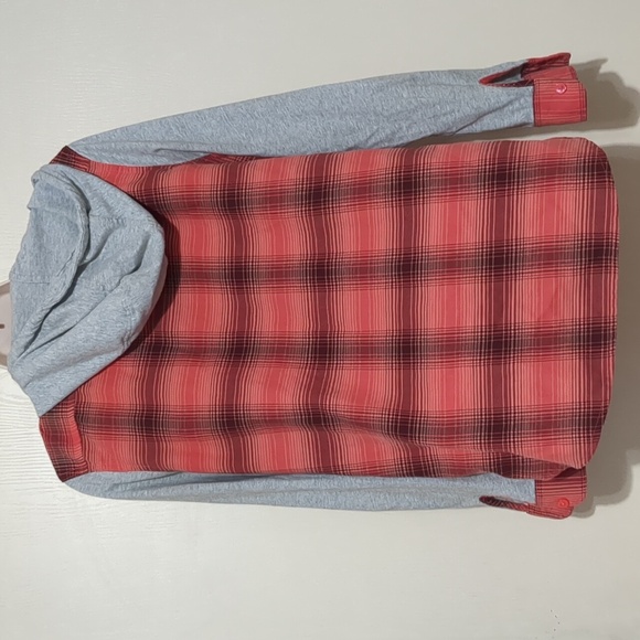 North Face Red Flannel Jacket Gray Sleeves Button Up Women’s S Small Hood - Picture 2 of 8